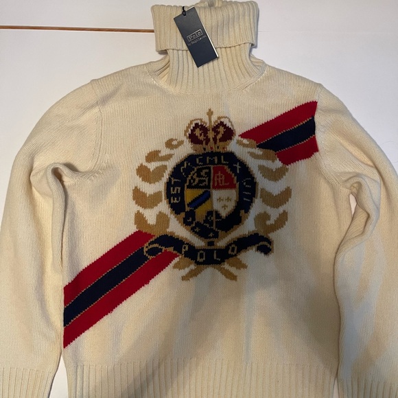 New Ralph Lauren Cream Turtleneck Sweater Intarsia Knit Logo Crest size M - Picture 3 of 11